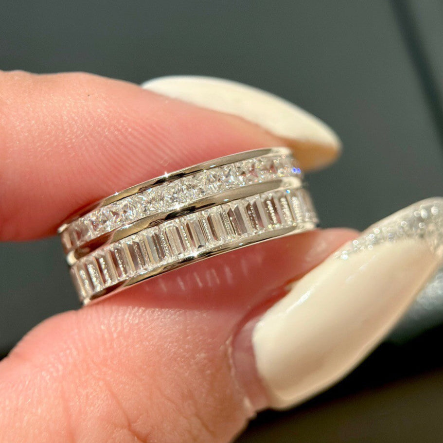 Double Row Band Baguette & Princess Cut Sterling Silver Ring hot