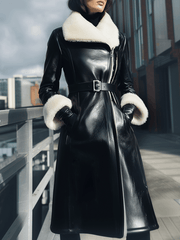 Black Belted Shearling-Collar Coat - Winter Coat
