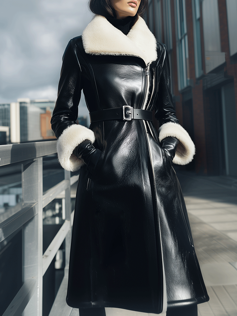 Black Belted Shearling-Collar Coat - Winter Coat