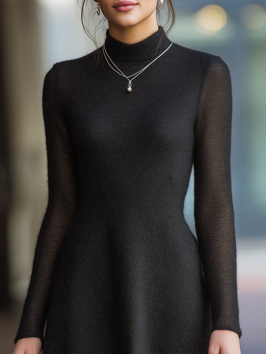 Sheer Sparkle Long Sleeves High Neck - Mini Dress
