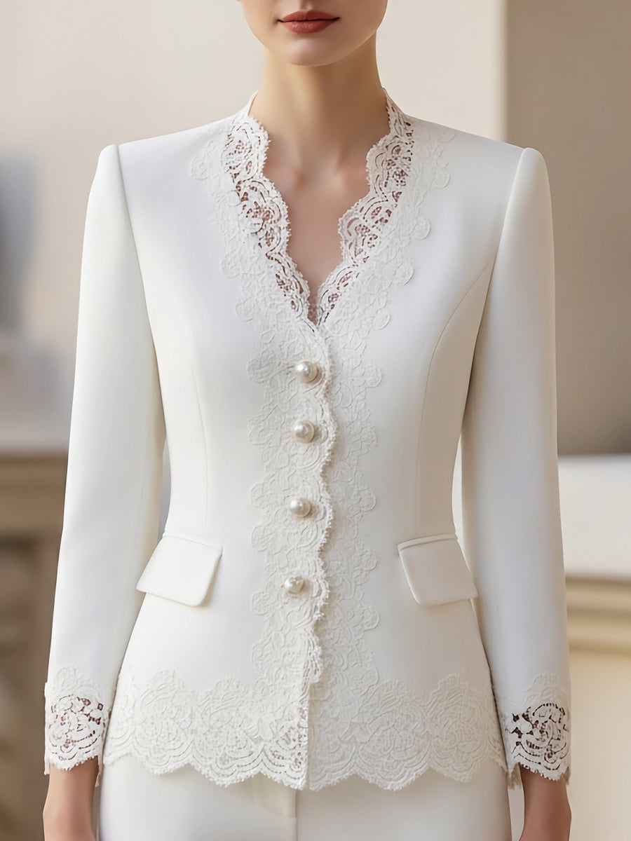 Pearl-Button Lace-Trim Women's Tailored Jacket - Blazer
