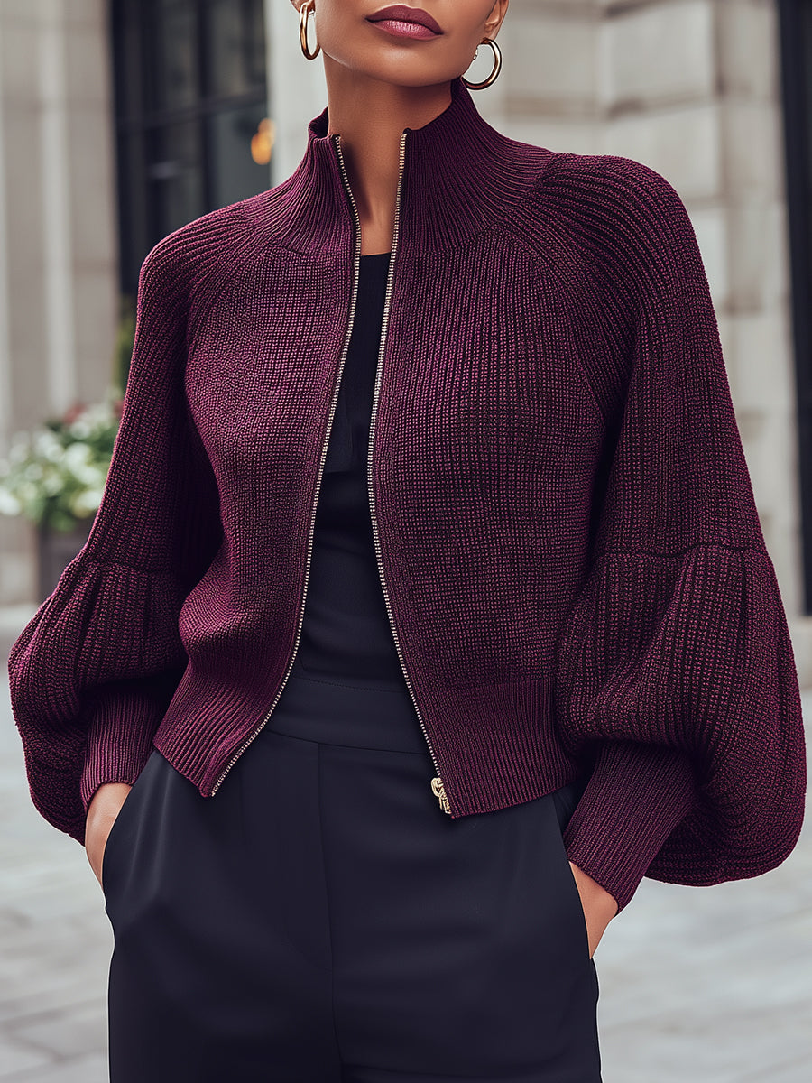 Women's Knitted Zipper Balloon Sleeves - Jacket
