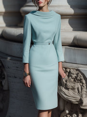 Powder Blue Draped Collar Pencil Cut - Midi Dress