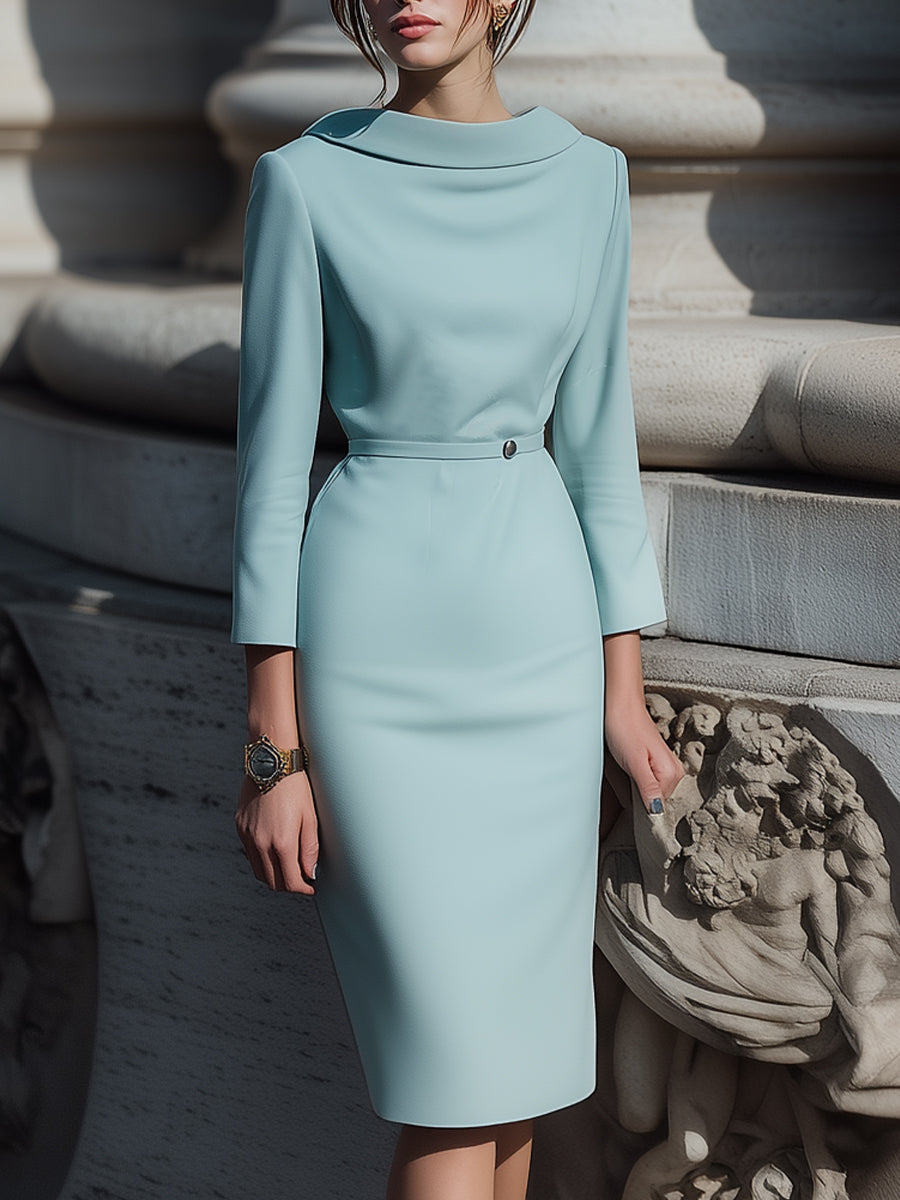 Powder Blue Draped Collar Pencil Cut - Midi Dress