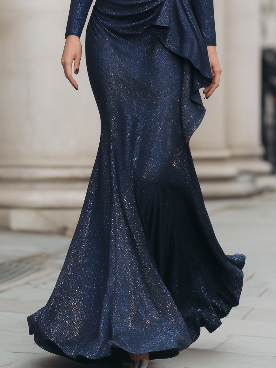 Midnight Shimmer Draped Mermaid Evening - Maxi Dress