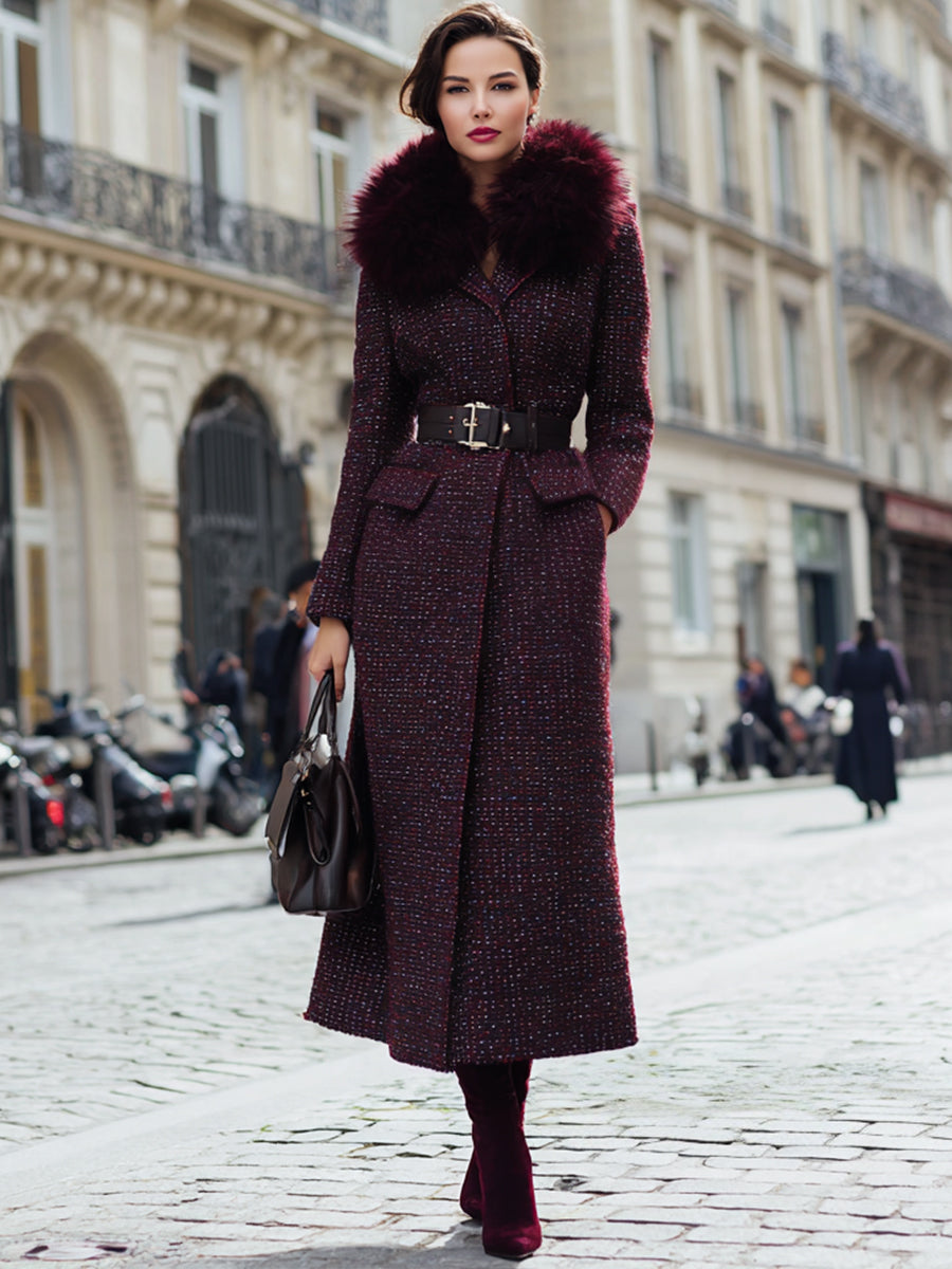 Burgundy Tweed With Faux Fur Collar And Belted Waist - Coat