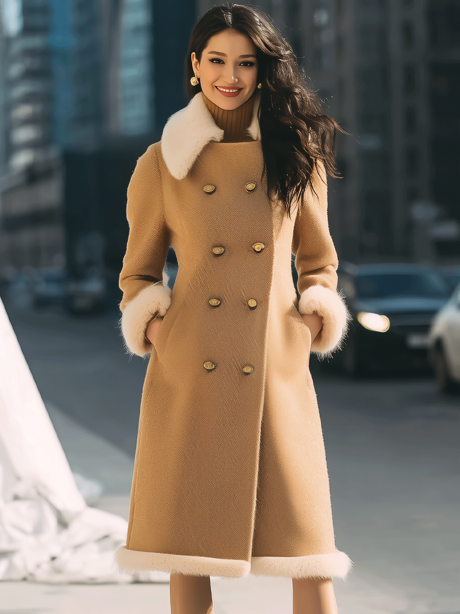 Camel Double-Breasted with Contrast Fur Trim - Coat