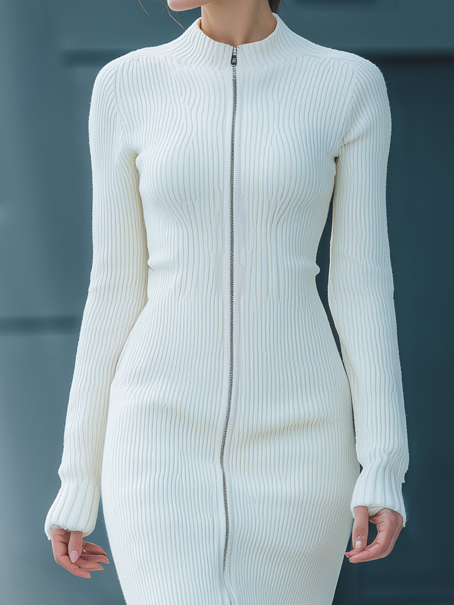 White Ribbed Zip-Front Knit Bodycon - Midi Dress