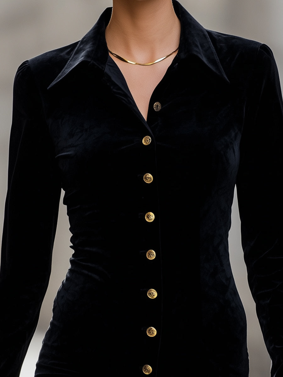 Velvet Gold-Button Detail - Shirt Dress