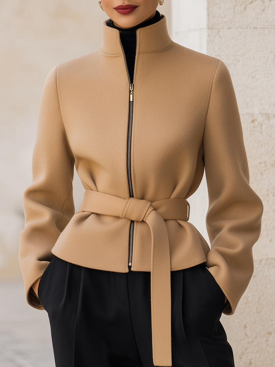 Wool-Blend Belted Zipper Jacket - Short Coat