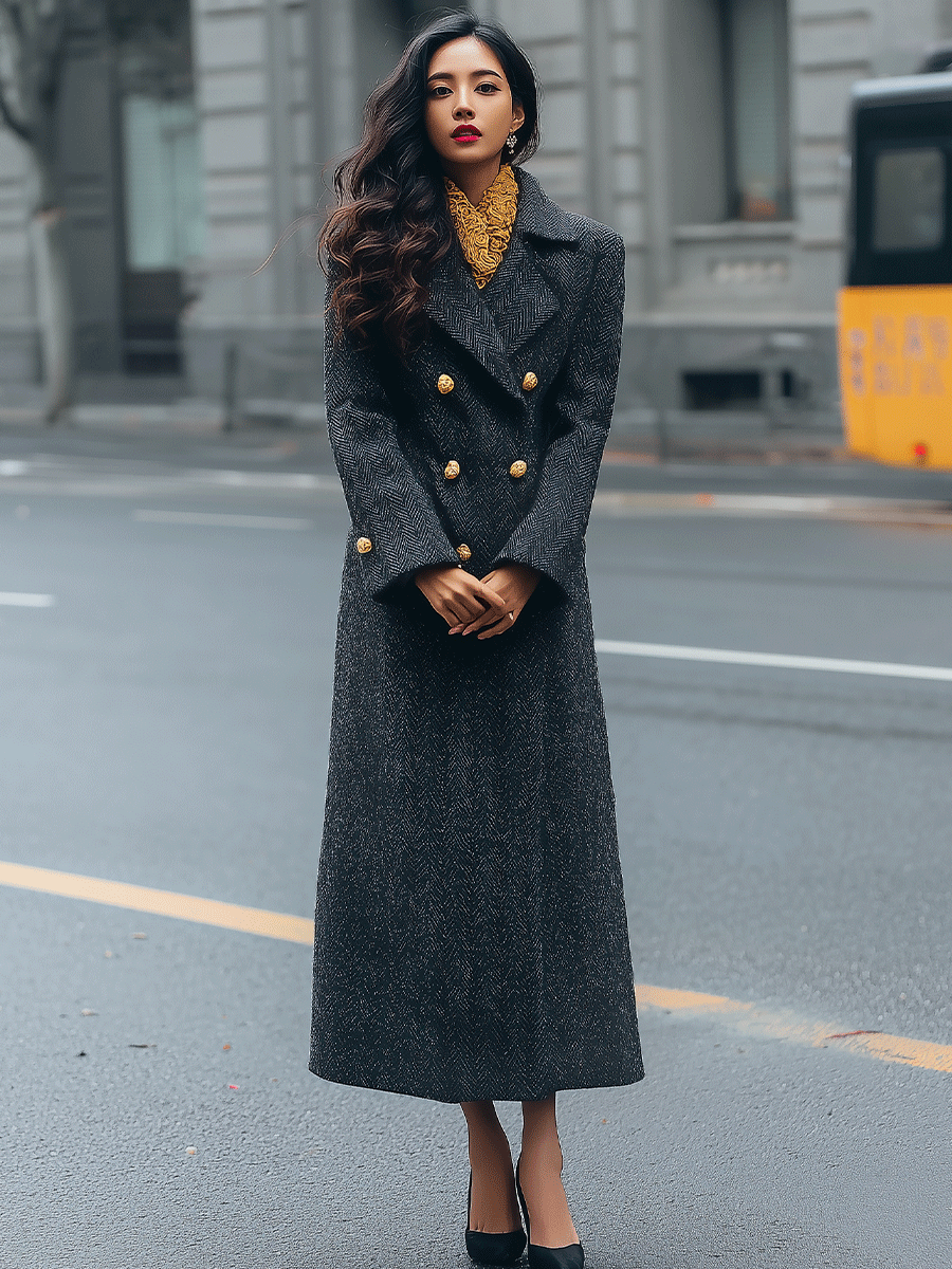 Charcoal Herringbone Double-Breasted Tailored - Long Coat