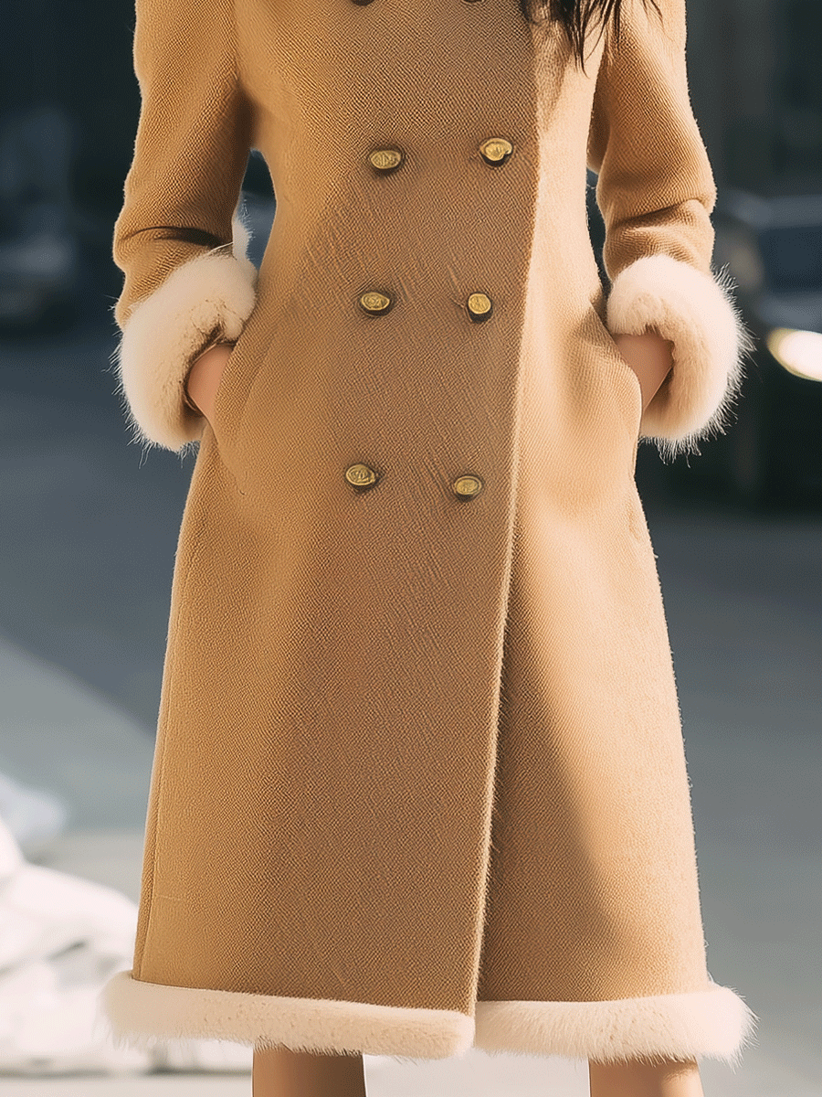 Camel Double-Breasted with Contrast Fur Trim - Coat