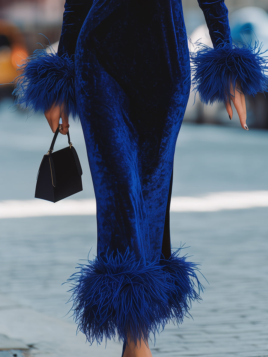 Glamorous Royal Blue Velvet Feather-Trim Party Dress - Mini Dress