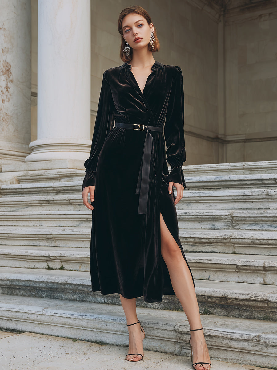 Black Velvet Belted Wrap - Midi Dress