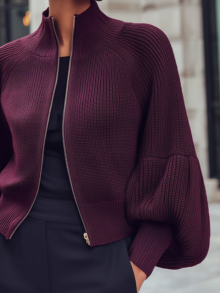 Women's Knitted Zipper Balloon Sleeves - Jacket