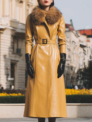 Yellow Faux Leather With Faux Fur Collar - Women's Coat