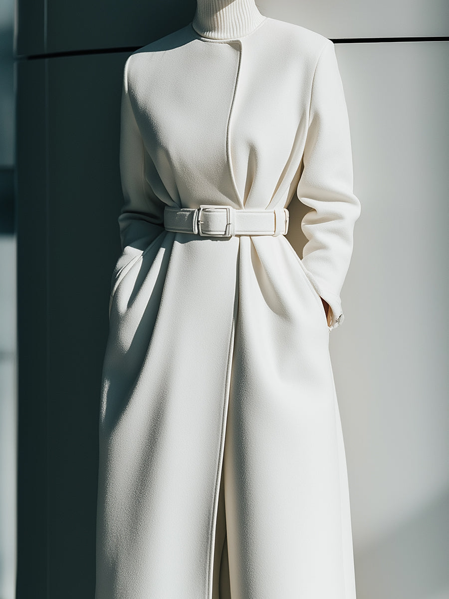 White Minimalist Belted Wool Overcoat - Coat