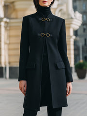 Tailored Wool-Blend Coat With Gold-Clasp Accents - Mid-Length Coat