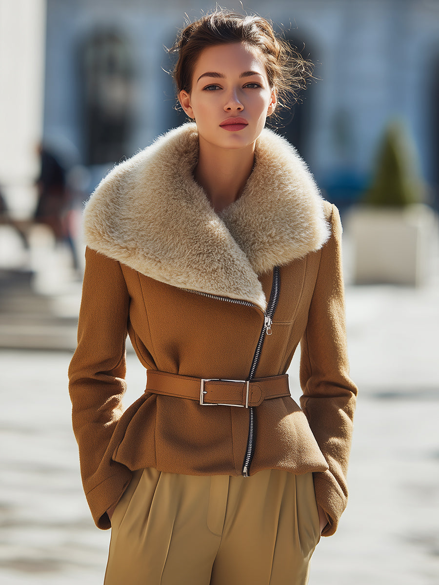 Caramel Wool Oversized Shearling Collar - Shearling Jacket