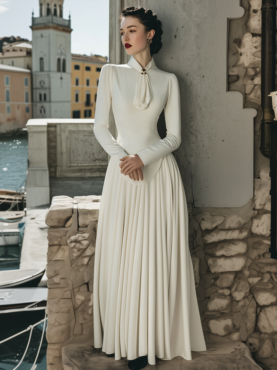 Elegant Scarf-Tie Collar Plain Maxi - Maxi Dress