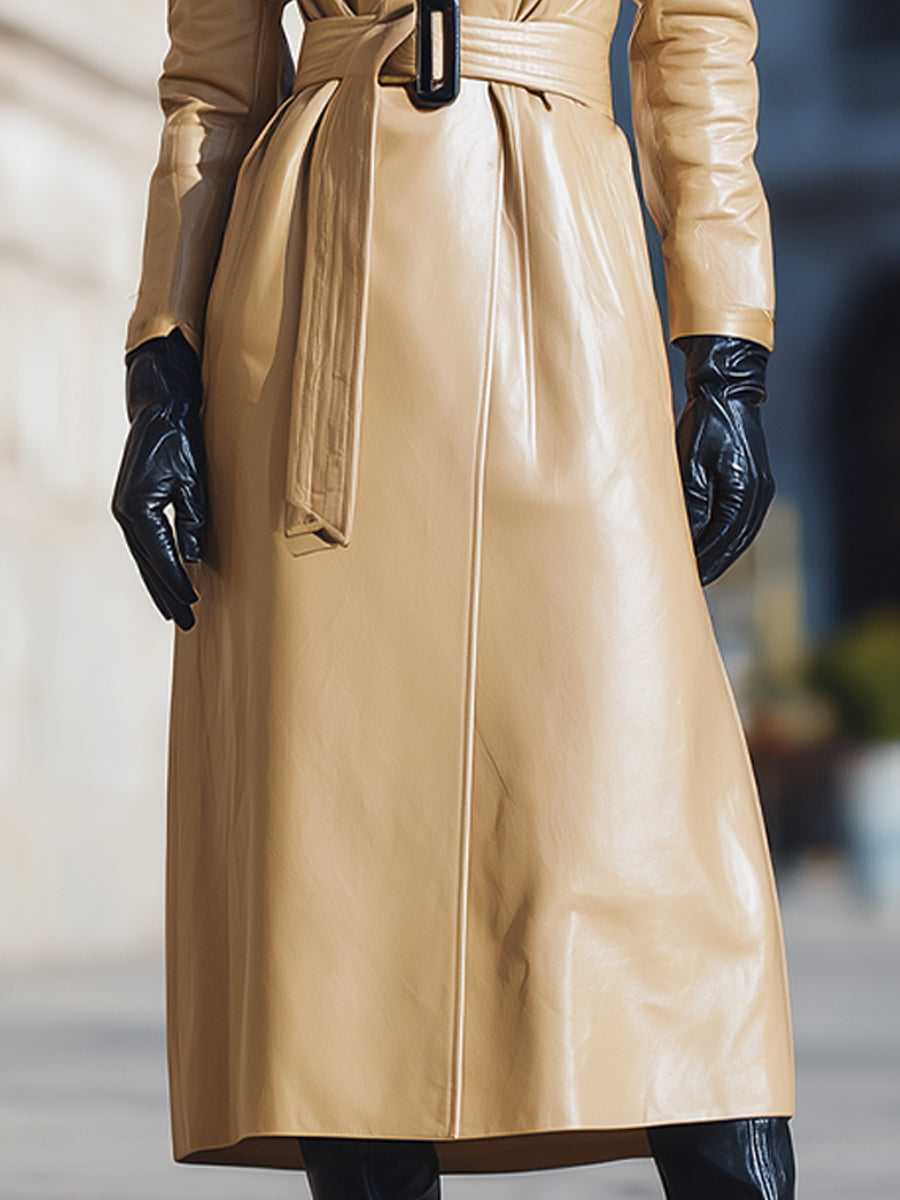 Camel Faux Leather Fur-Collar - Coat