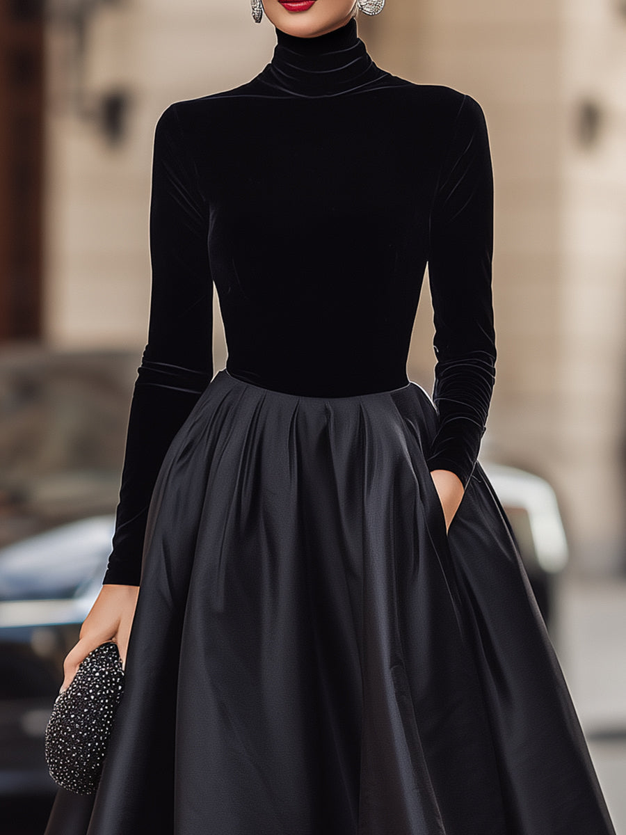 Elegant Black Velvet With Satin Trim - Midi Dress