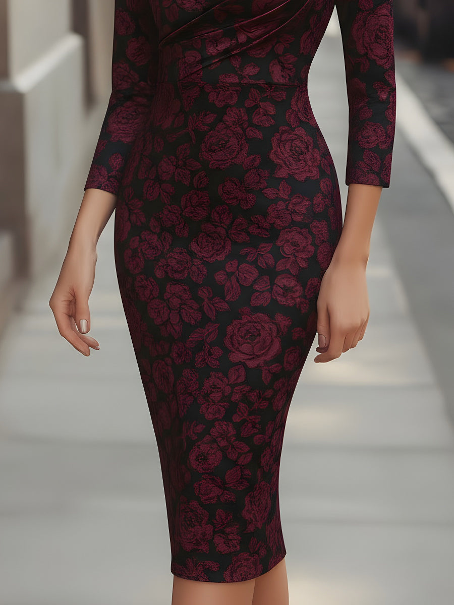 Midnight Rose Jacquard Floral Evening - Midi Dress