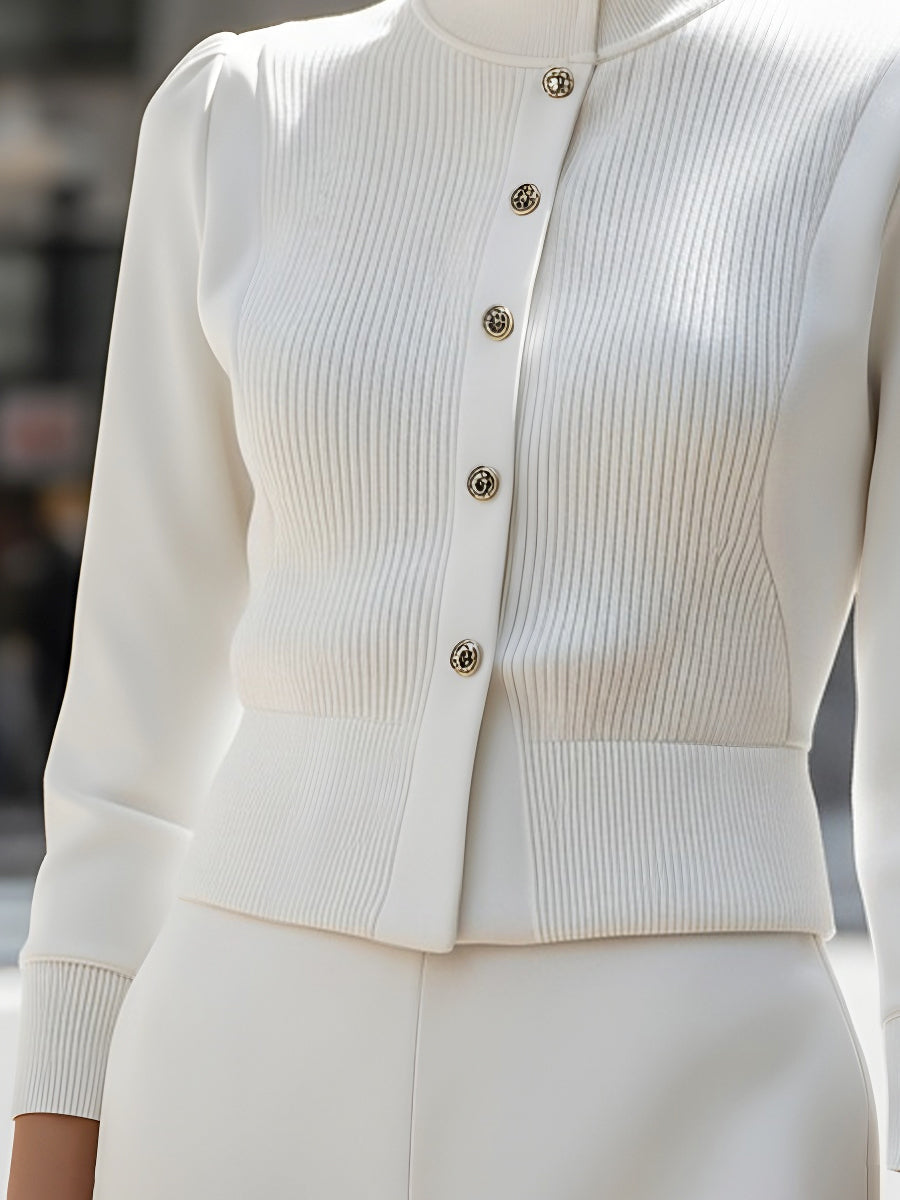 Ribbed Knit Panel With Gold Buttons - Jacket