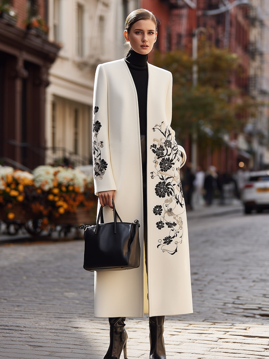 Ivory Floral-Embroidered Longline Coat - Longline Coat
