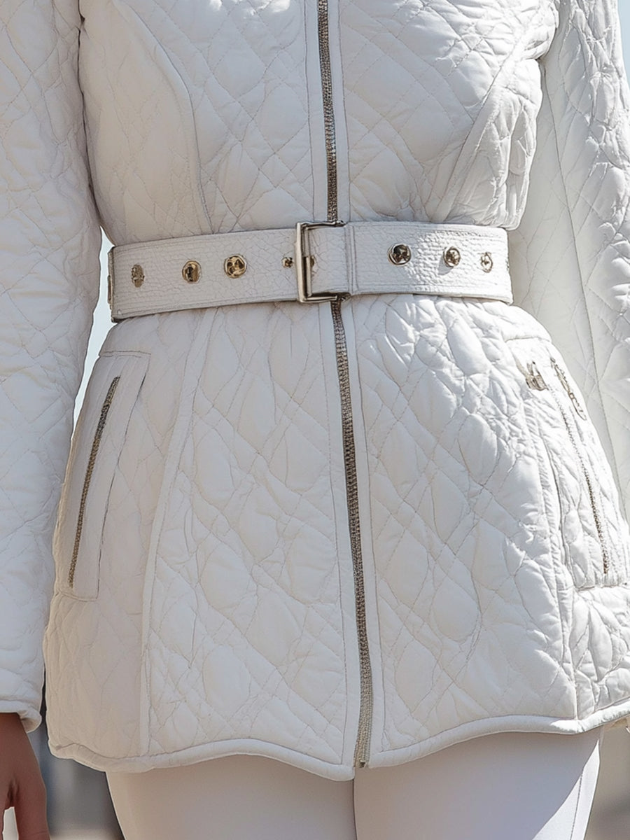 Women's White Quilted Belted High-Collar - Jacket