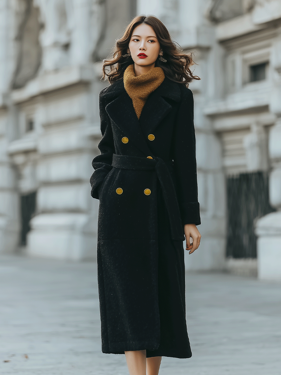 Black Double-Breasted Belted Tailored Coat - Long Coat