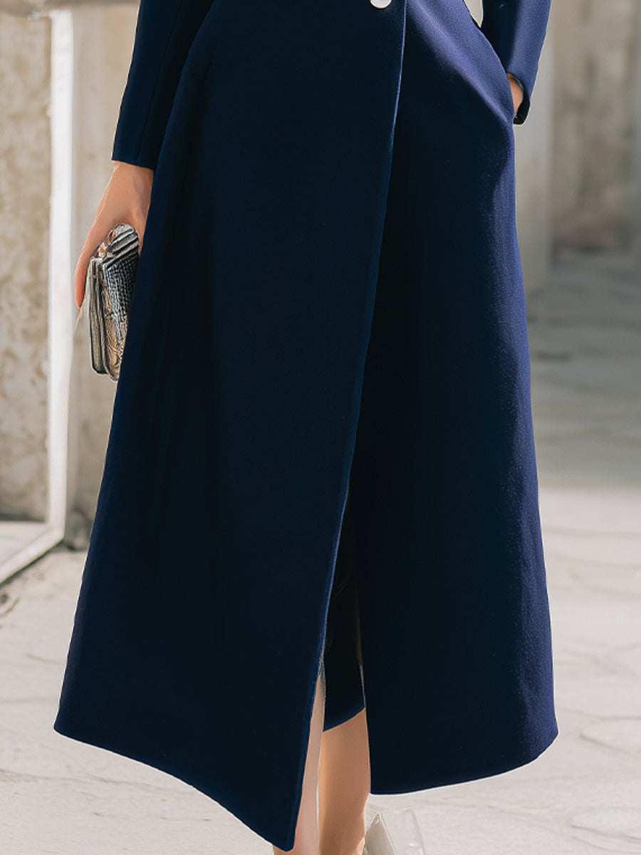 Elegant Navy Stand Collar Longline - Maxi Coat