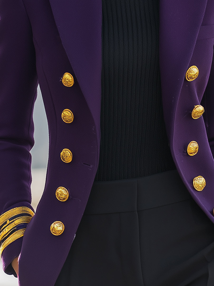 Purple Double-Breasted Military-Inspired Tailored Fit - Blazer