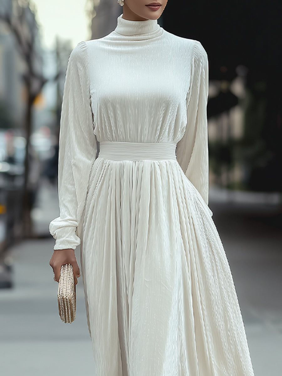 Elegant High-Neck Pleated White - Maxi Dress