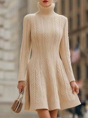 Cozy Chunky Cable-Knit Turtleneck Long Sleeve - Sweater Dress