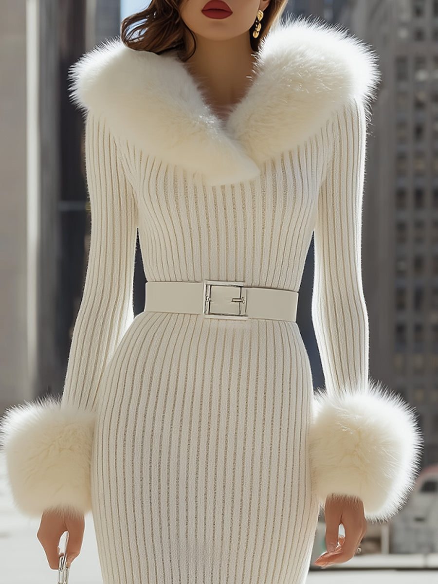 Luxurious White Faux Fur-Trim Ribbed Knit - Midi Dress
