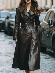 Dark Brown Belted Faux Leather Shearling Collar - Trench Coat
