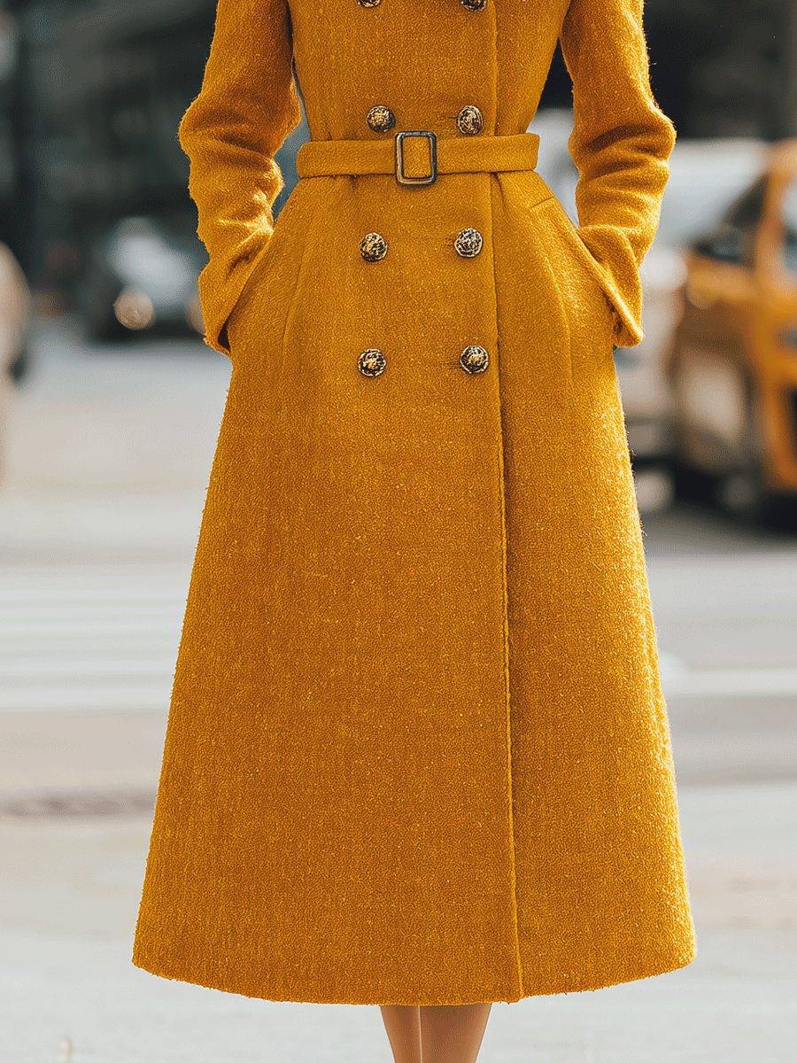 Mustard Double-Breasted Belted Coat-Style - Midi Dress