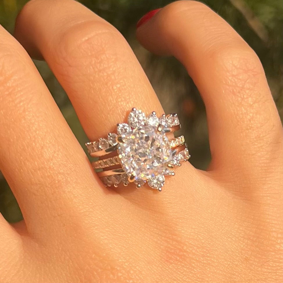 Vintage Hidden Halo Cushion Cut Insert Wedding Ring Set In Sterling Silver Shine of Diamond