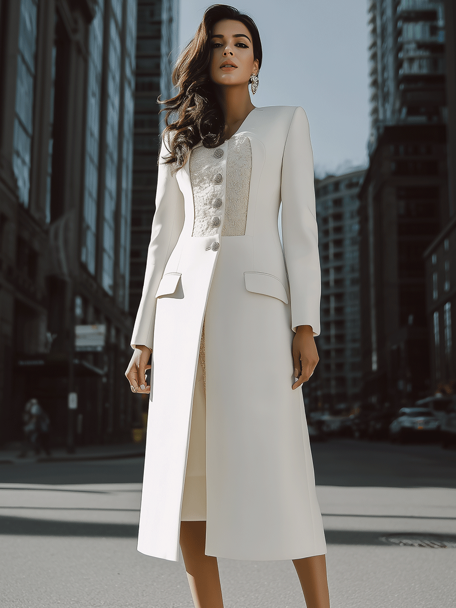 Ivory Longline Coat with Textured Contrast Panel & Silver Buttons - Coat