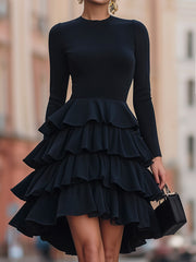 Ruffled Tiered Black Party Dress - Mini Dress