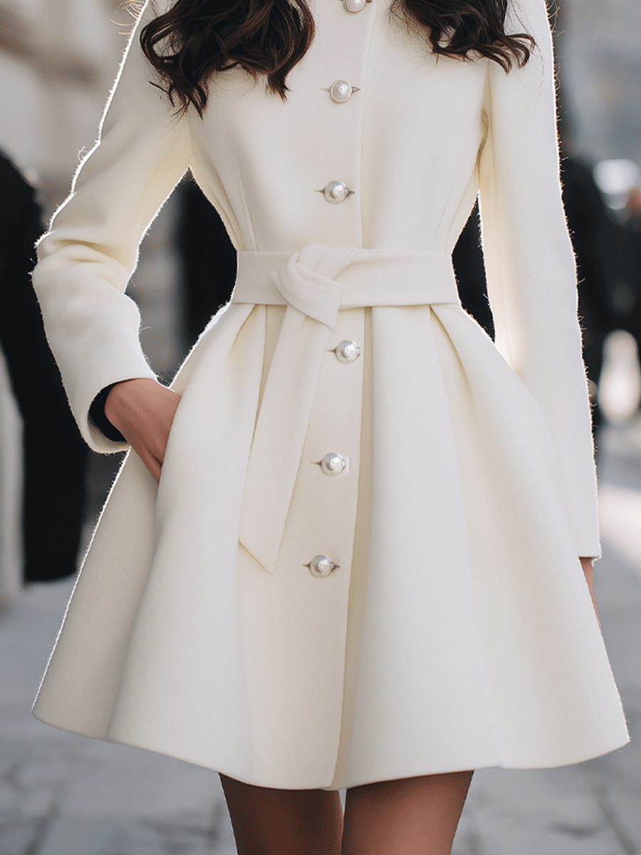 Ivory Pearl-Button Short Coat With Waist Tie - Coat