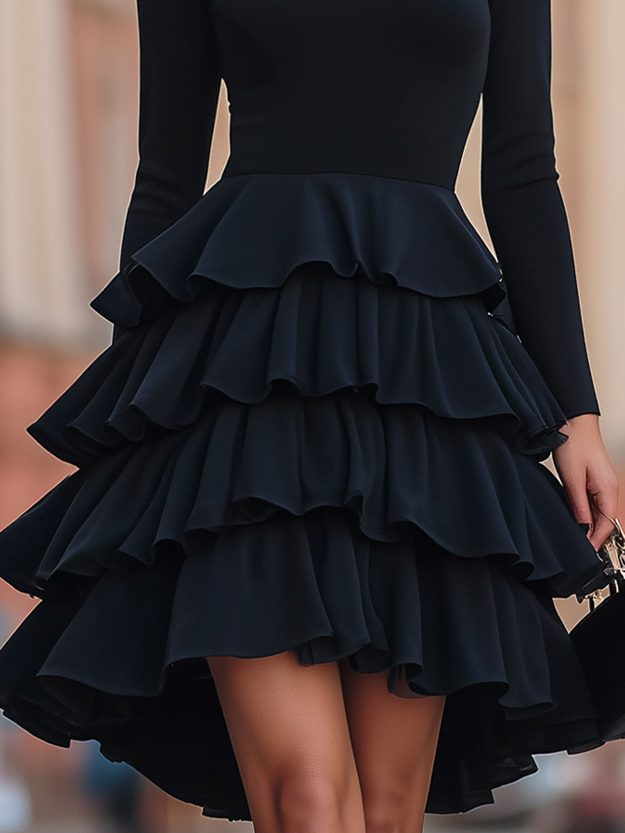 Ruffled Tiered Black Party Dress - Mini Dress