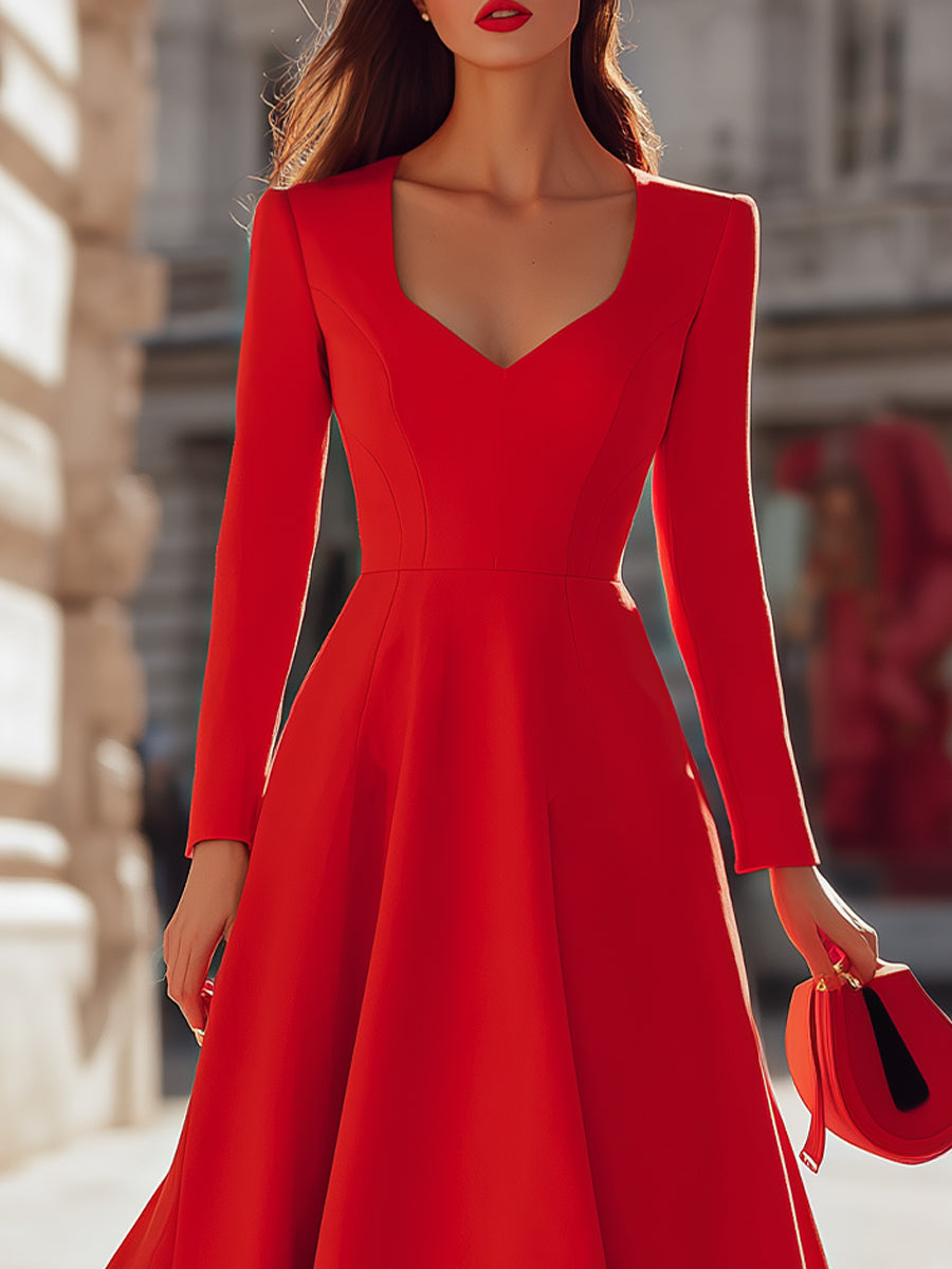 Elegant Red V-Neck Fit-and-Flare - Midi Dress