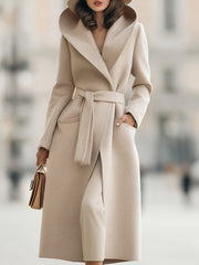 Elegant Beige Belted Wool-Blend Longline - Coat