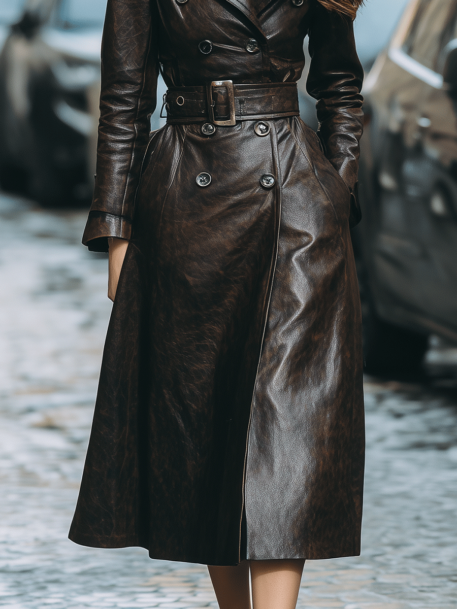 Dark Brown Belted Faux Leather Shearling Collar - Trench Coat