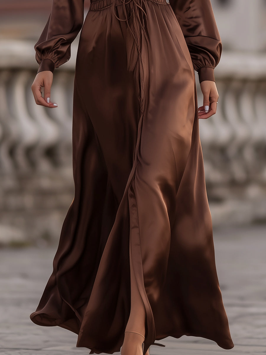 Satin Cinched Waist Mocha Brown - Maxi Dress