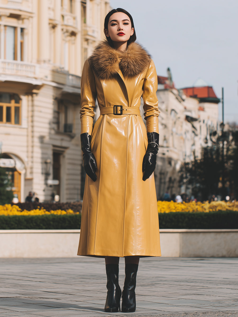Yellow Faux Leather With Faux Fur Collar - Women's Coat