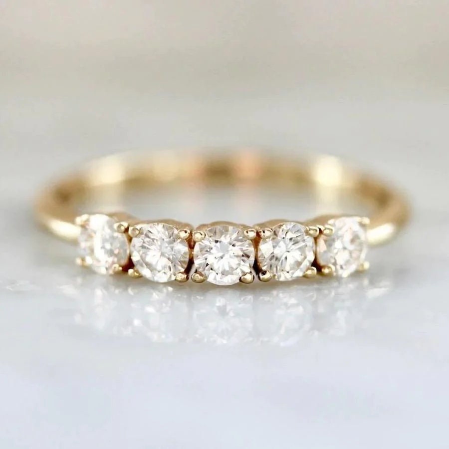 Round Five Stone Diamond Delicate Solitaire Accent Half Eternity Wedding Band Shineofdiamond