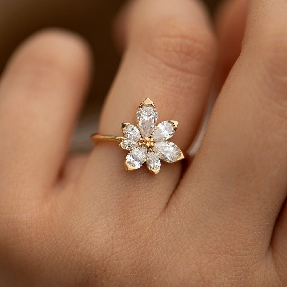 Pear Cut Flower Design Asymmetric Blossom Engagement Ring Shineofdiamond